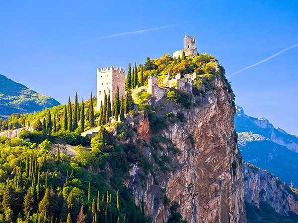 Arco castle on high rock view, Sarca Valley, Trentino Alto Adige region of Italy
